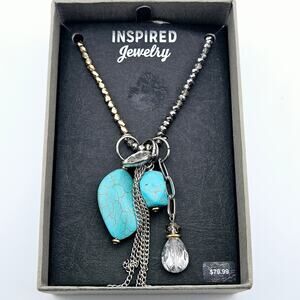 Beaded Charm Statement Necklace Turquoise Silver Tone Dangle Southwestern Boho